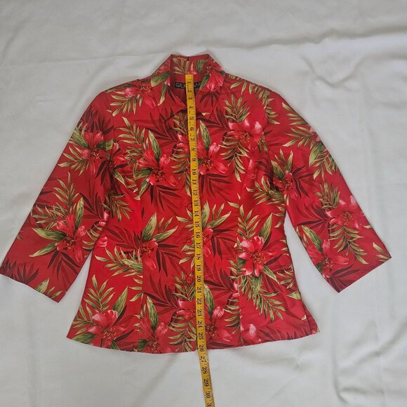 Silkland 100% Pure Silk Red Floral Print Button Front 3/4 Sleeve Blouse Size 10 - Picture 12 of 12